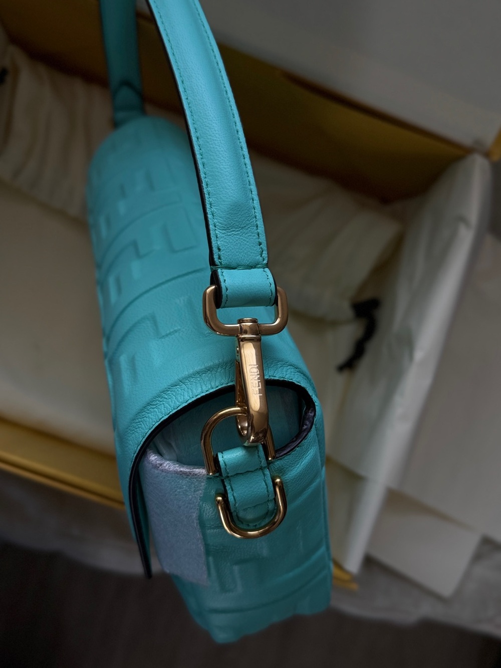 Fendi Embossed FF Baguette Shoulder Bag in Aqua - Picture 4 of 10